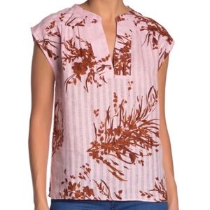 NWT Joie Narumi 100% Linen Floral Split Neck Cap Sleeve Pink Blouse Size Small